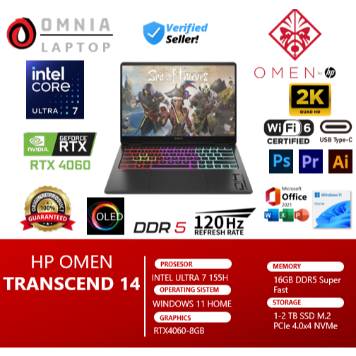 Hp Omen Transcend 14 OLED Baru Intel Ultra 7 155H RTX 4060 16GB DDR5 1TB SSD 120HZ RGB Win11