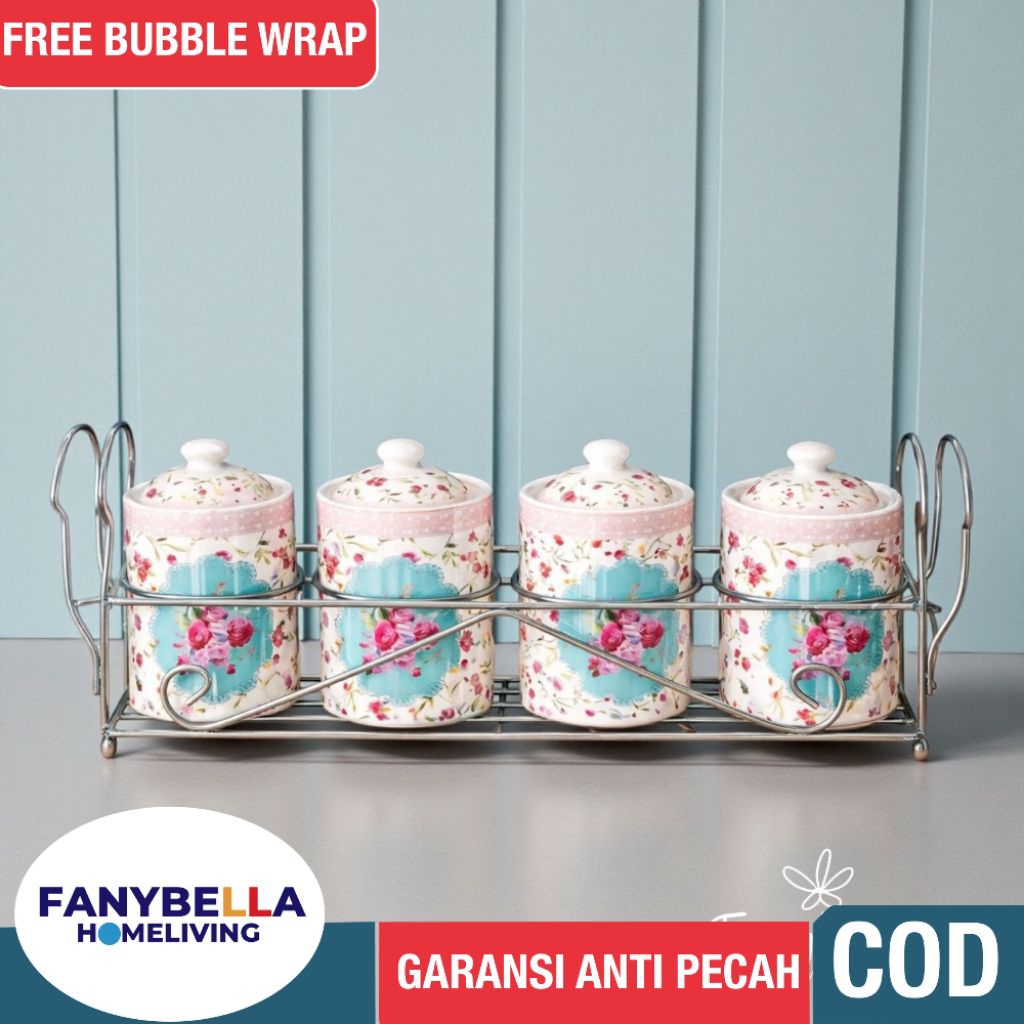 Tempat Bumbu Keramik dengan Rak Dapur Set Aesthetic Prasmanan Shabby Chic