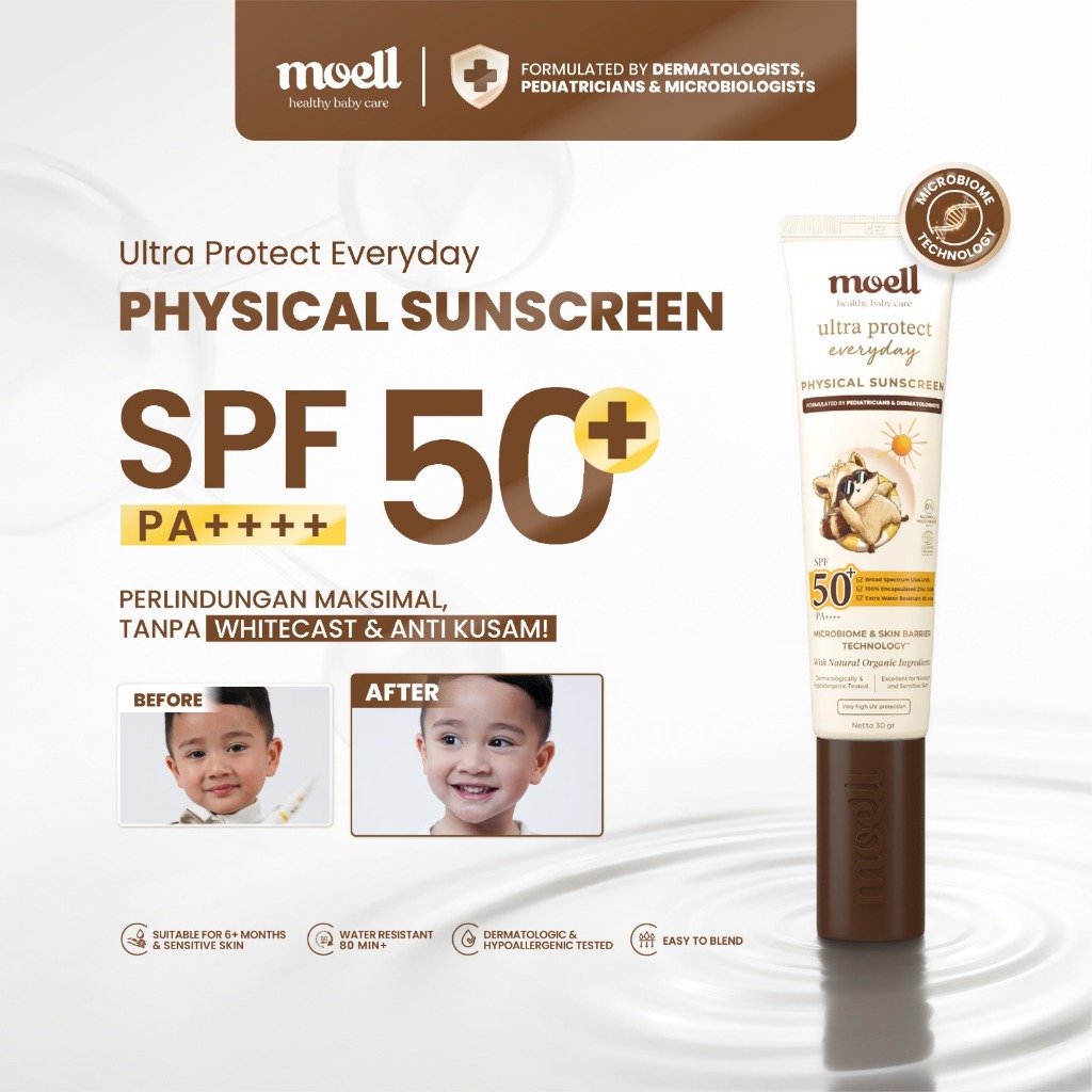 Moell Physical Sunscreen Anak 30gr Dengan SPF (50+) PA(++++) Sunscreen Baby Kids, Bumil Busui, Kulit Sensitif - Tahan Air & Keringat - Microbiome & Skin Barrier Technology