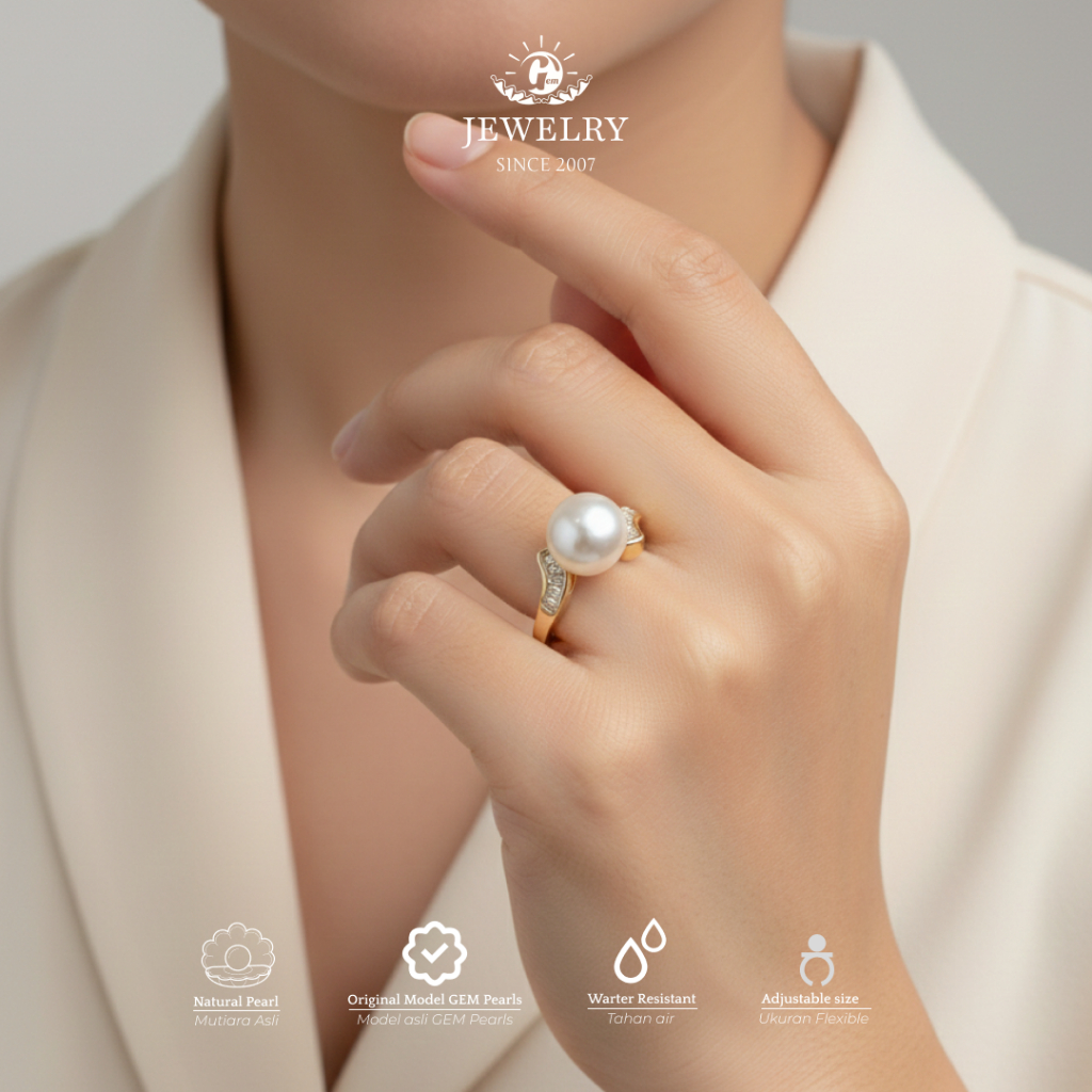 PER-CCN-F-017 | Cincin Mutiara Air Laut Asli Berwarna Putih Indah | Dengan Ring Chrome Elegan | Muti