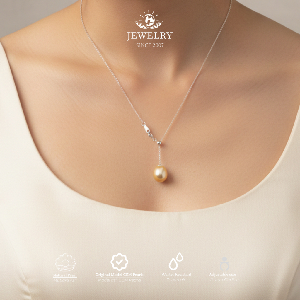 PER-KLG-F-010 | Kalung Mutiara Air Laut Asli Berwarna Kuning Indah | Mutiara Oval yang Indah | Tampi