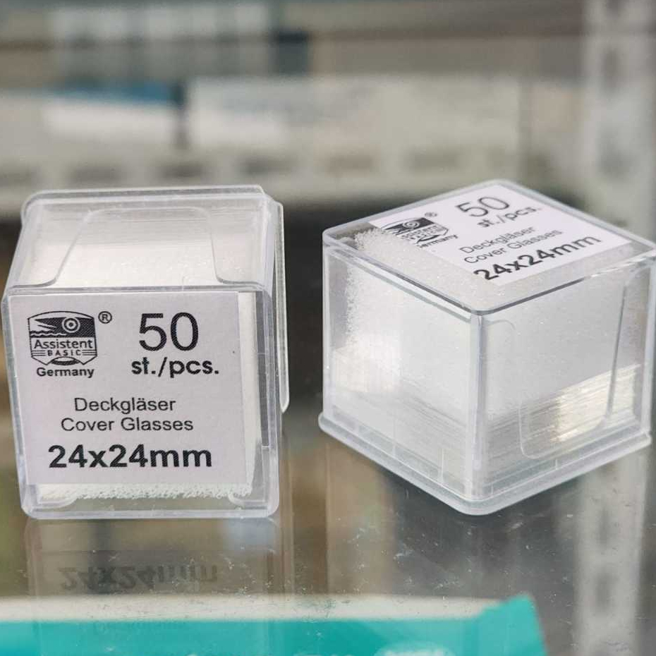 COVER GLASS 24X24MM ISI 50 PCS ASSISTENT / COVER GLASS  / DECK GLASS / KACA PENUTUP SLIDE MIKROSKOP