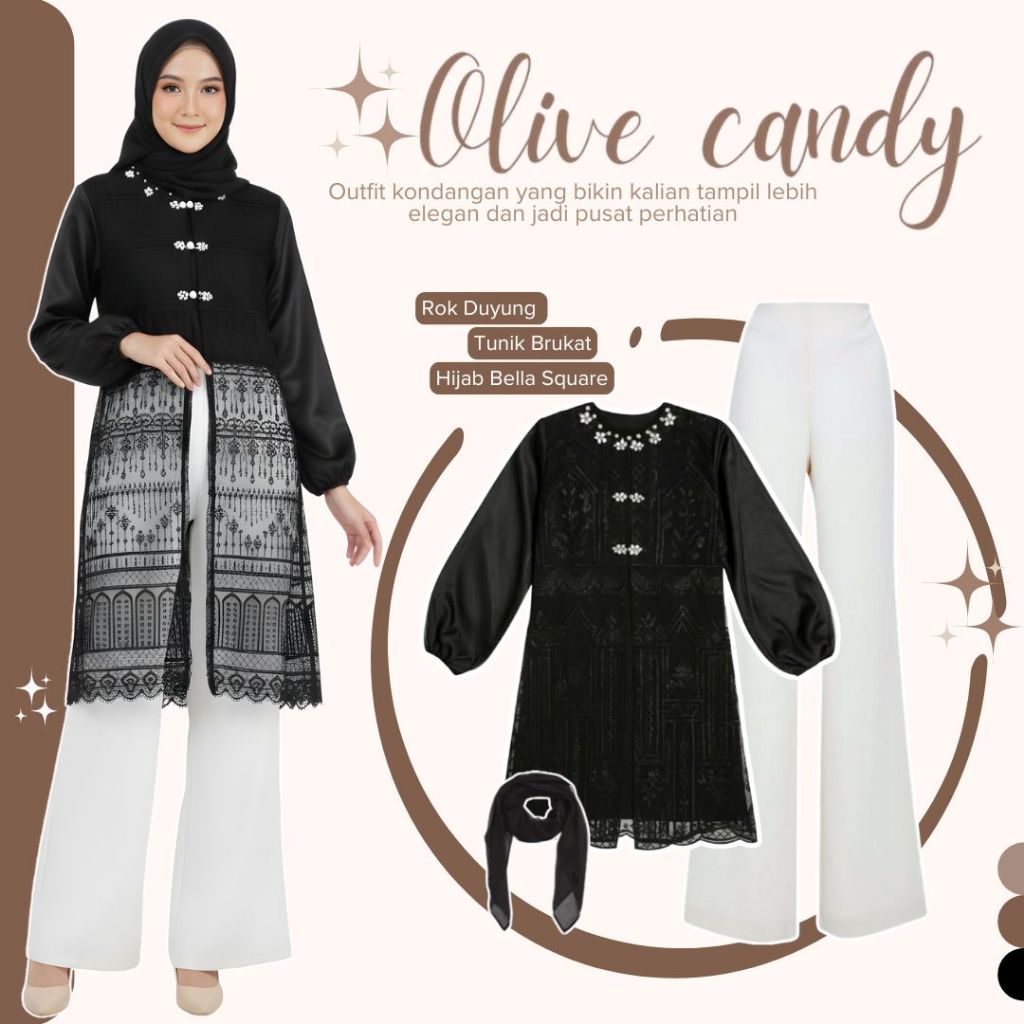 One Set Wanita Kekinian 3in1 ( Atasan Tunik Brokat + Bawahan Celana Cutbray+ Jilbab ) Setelan Lebara