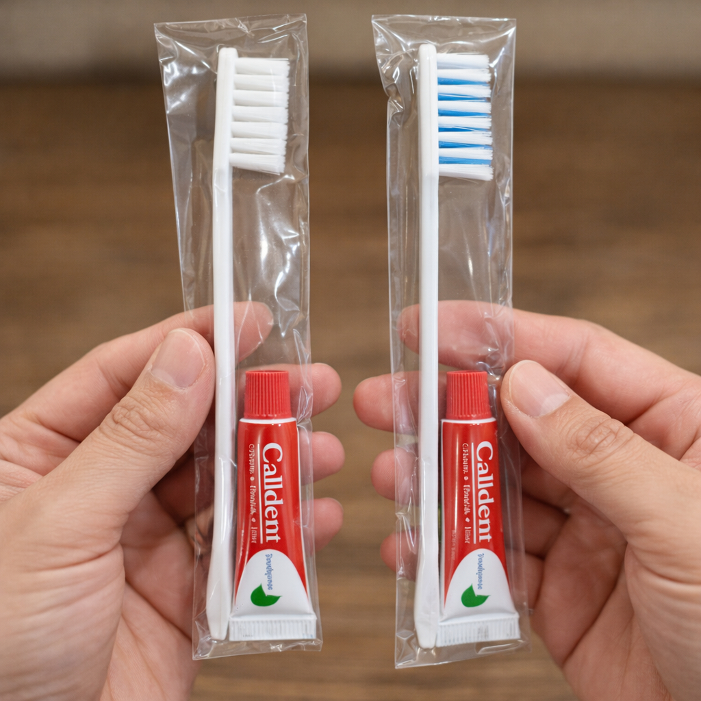 Sikat gigi hotel + pasta gigi calldent bulu putih putih dan putih biru