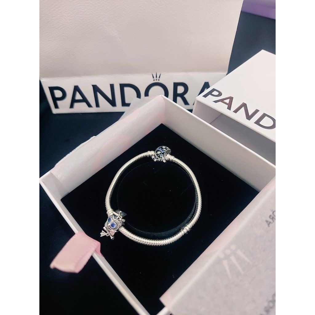 Preloved Pandora Moments Sparkling Moon Clasp Snake Chain Bracelet Pandora & Wise Owl Graduation Cha