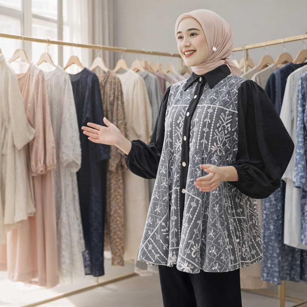 [DISKON]Vallina Outfit - Lexi One Set Brokat Long Tunic Setelan Wanita Muslim CRINKEL kombinasi Bruk