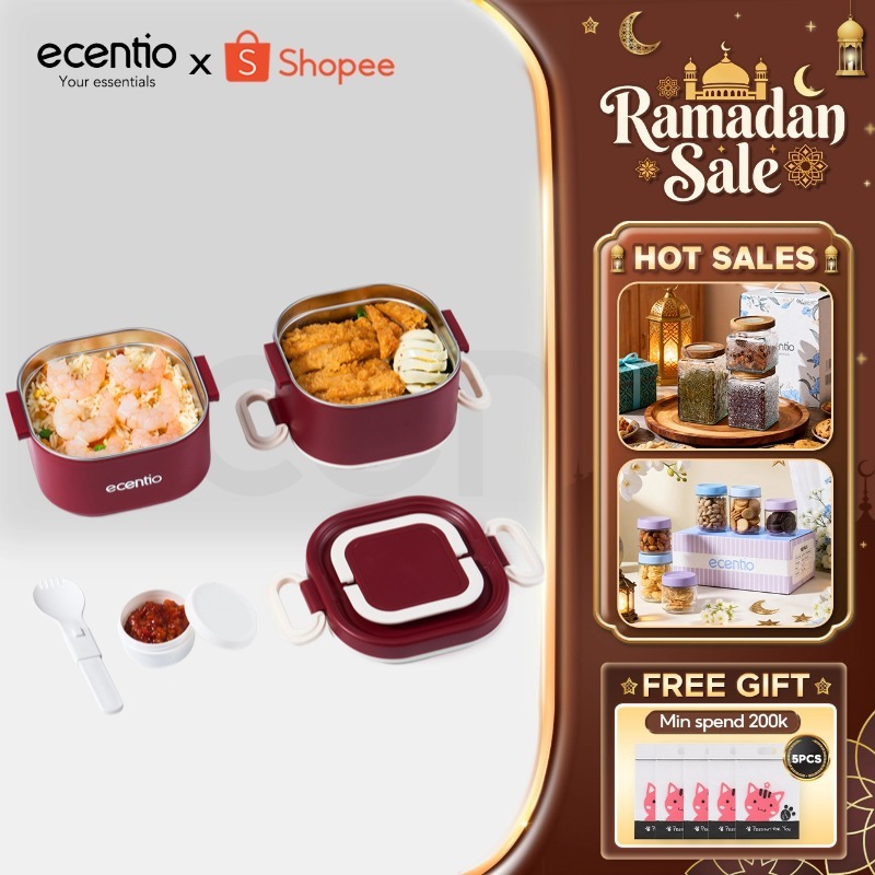 ecentio Kotak bekal bulat stainless steel Double layer 650ml+650ml Lunch box Wadah makan Bento Kapas