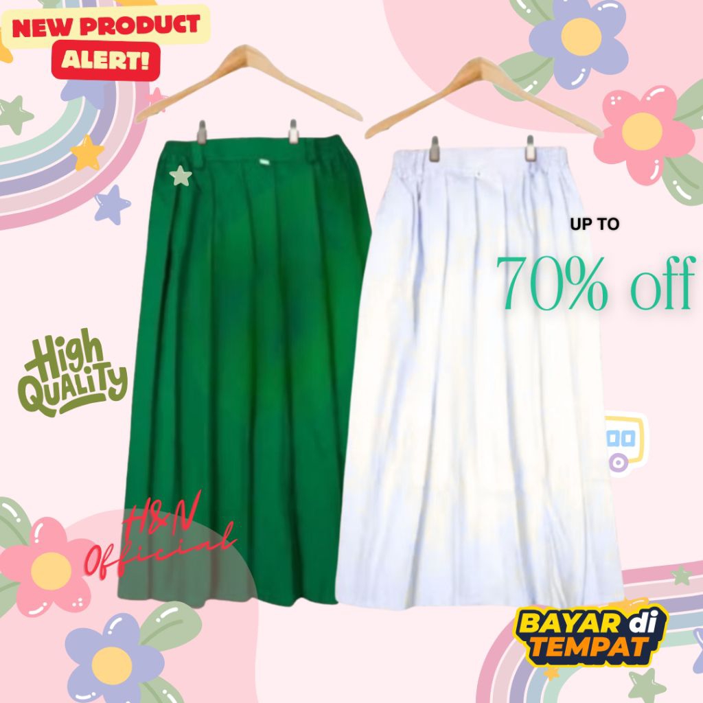 [Terlaris] Rok Panjang Sekolah Plisket/Rempel SD/MI/SMP - Hijau, Putih, Karet Pinggang Bahan Drill G