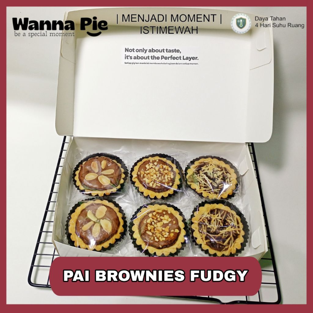 Pai Brownies Fudgy Topping Mix Almond Kacang Coklat Chips atau Keju 1 Box isi 6 Pcs - Wanna Pie Sail