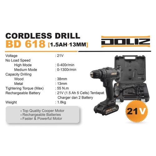 CORDLESS DRILL DOLIZ BD618 21 VOLT / MESIN BOR BATERAI DOLIZ BD 618 /DOLIZ BD618 21V CORDLESS BOR