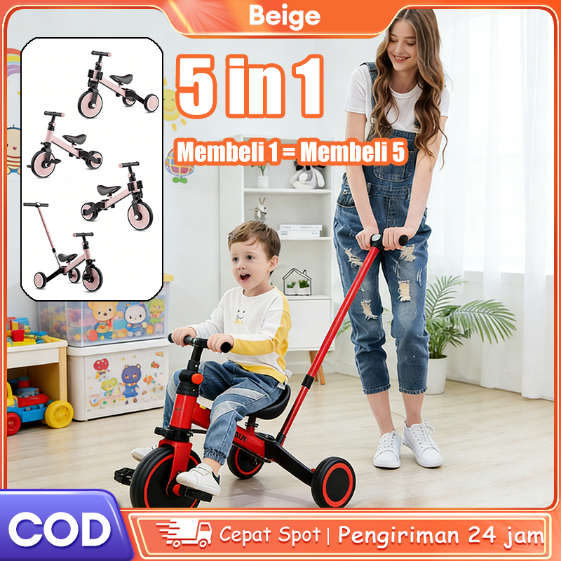 BEIGE Kereta Dorong Tiga Roda Anak Balance Bike 3 Roda Multifungsi Dapat Dilipat Usia 1-5 Tahun
