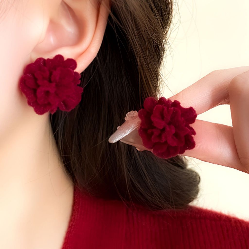 RCS - Anting merah natal imlek aksesoris fashion party anting ATB23 dengan desain bunga merah