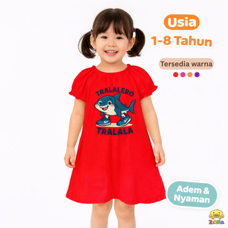 Dress Anak Tralalero Tralala 1 - 8 Tahun Model Lengan / Daster Zoraya Perempuan Anomali Viral Kartun