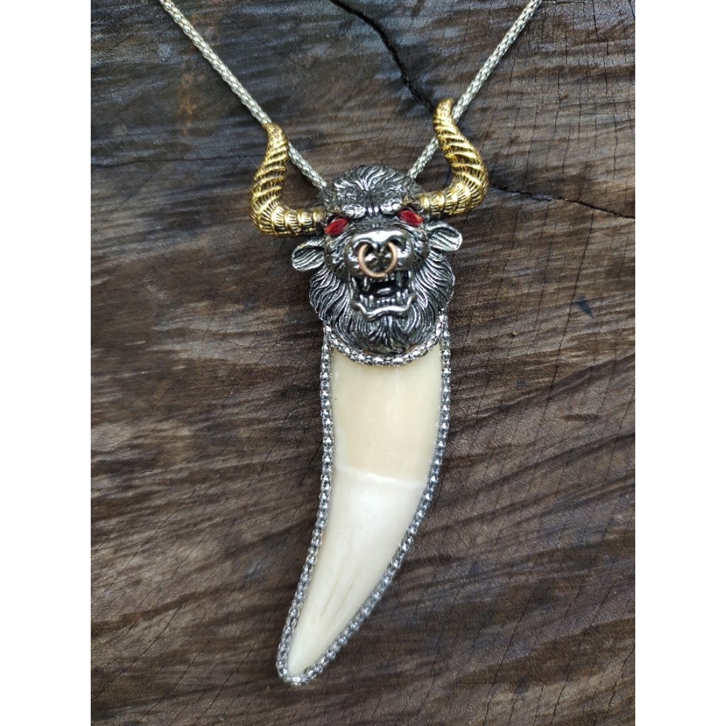 Kalung Rantai Liontin Taring Harimau Ring Tanduk Emas