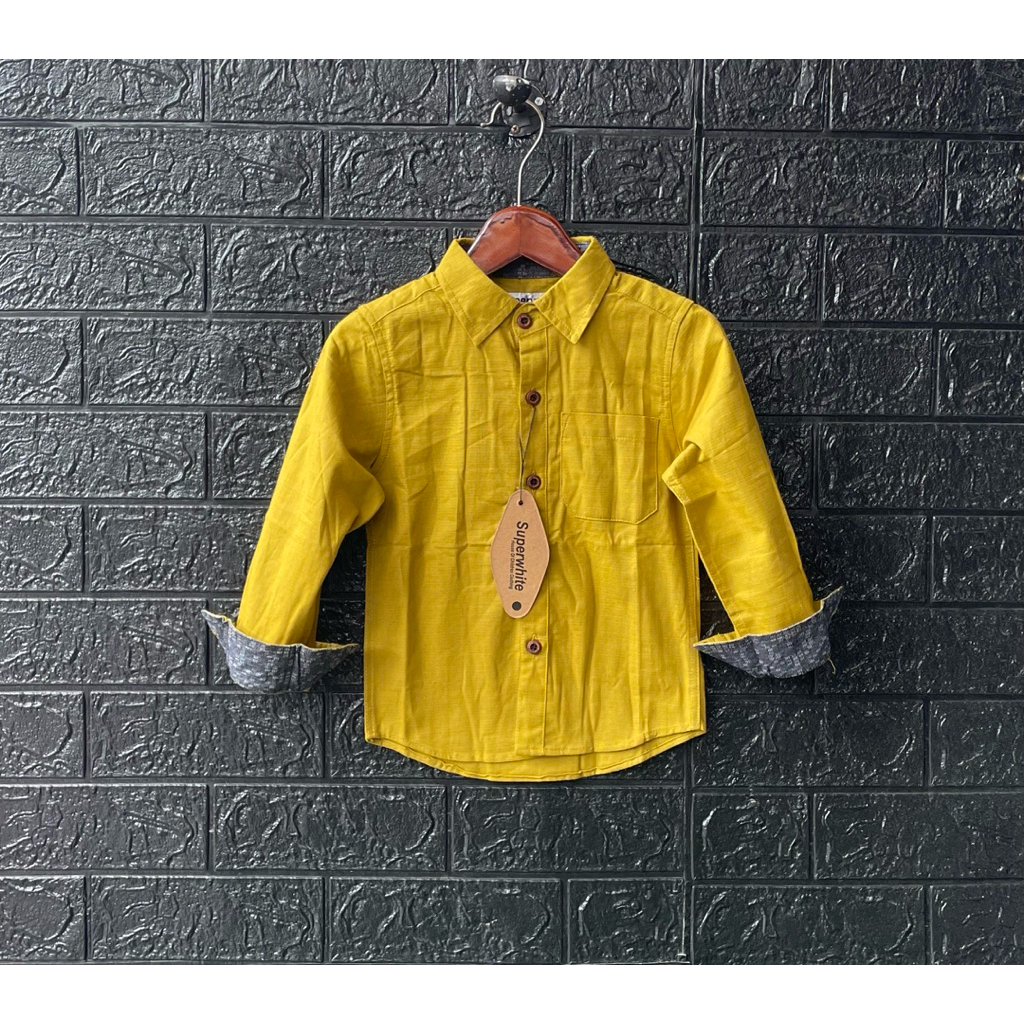 terbaru baju kemeja anak lengan panjang motif polos kuning lemon