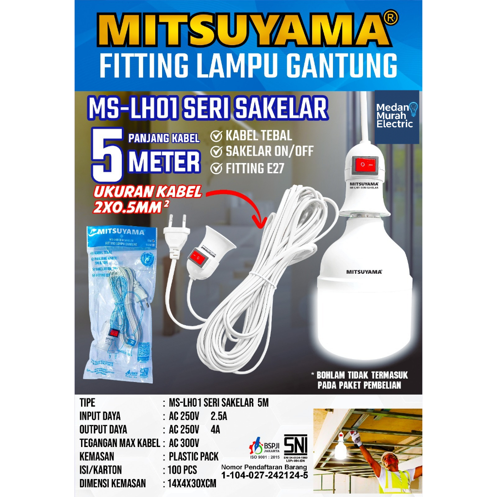 Fitting Gantung + Kabel Mitsuyama 5 meter / 10 meter Fitting Lampu Kabel / Fiting Lampu
