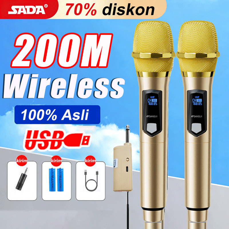 100% Asli Microphone Wireless Microphone mic wireless 2 Mic Black/Emas Bluetooth Wireless UHF Handhe