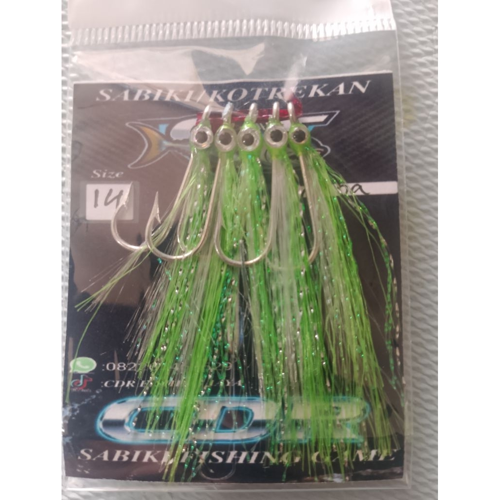 sabiki/rintak bulu sutra+bulu mutiara premium 5 mata kail no 14 dan 7 mata kail no 17 tipe 2335 kuat