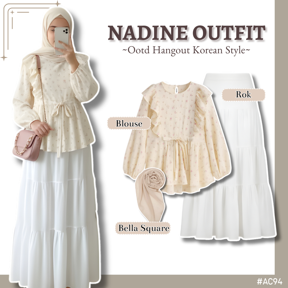 One Set Wanita Remaja 3in1 ( Blouse + Rok Ruffle + Bella Square ) One Set Korean Style -AC94