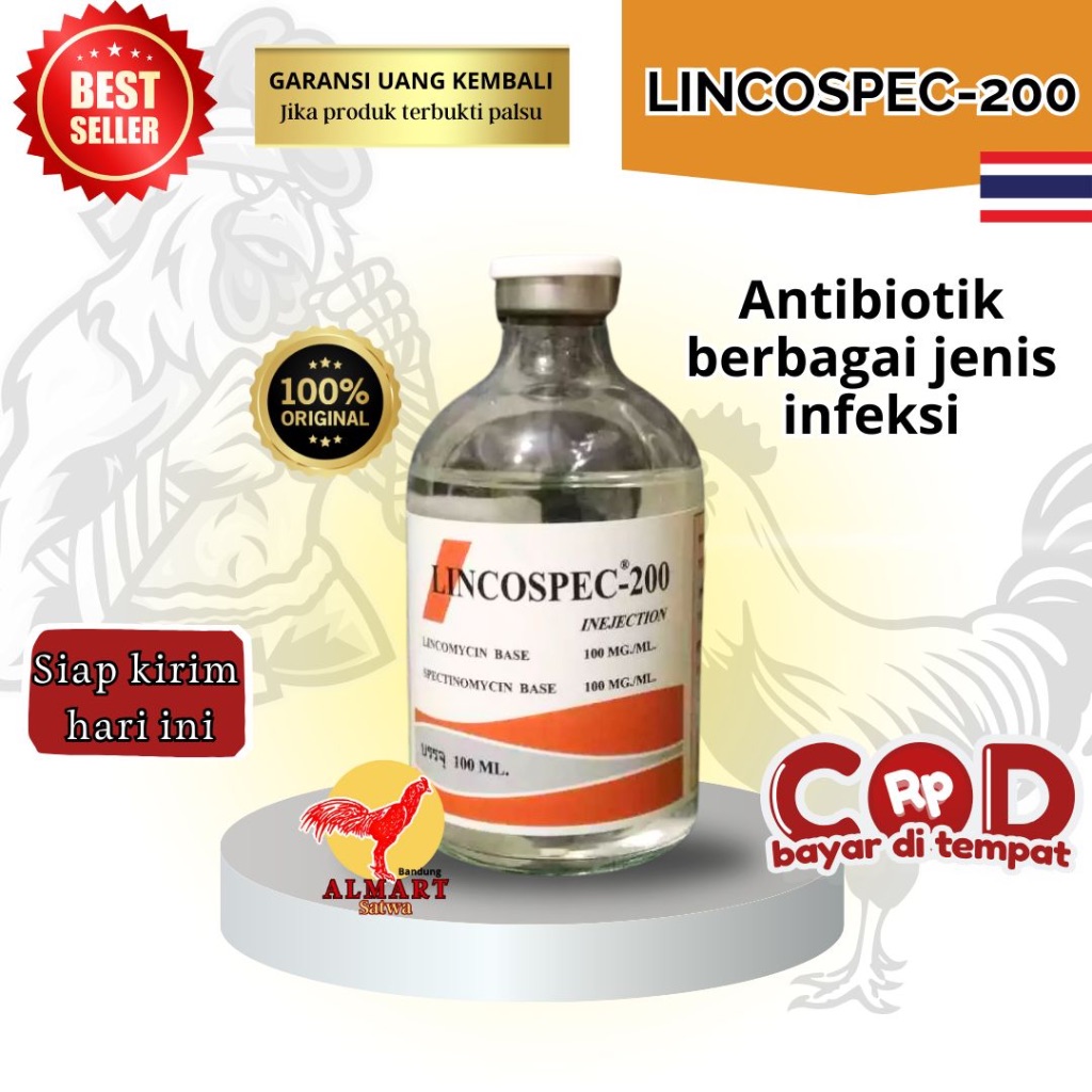 LINCOSPEC-200 Obat Ayam Pilek Ngorok Snot CRD Korisa Antibiotik Injeksi 100ML Thailand Original