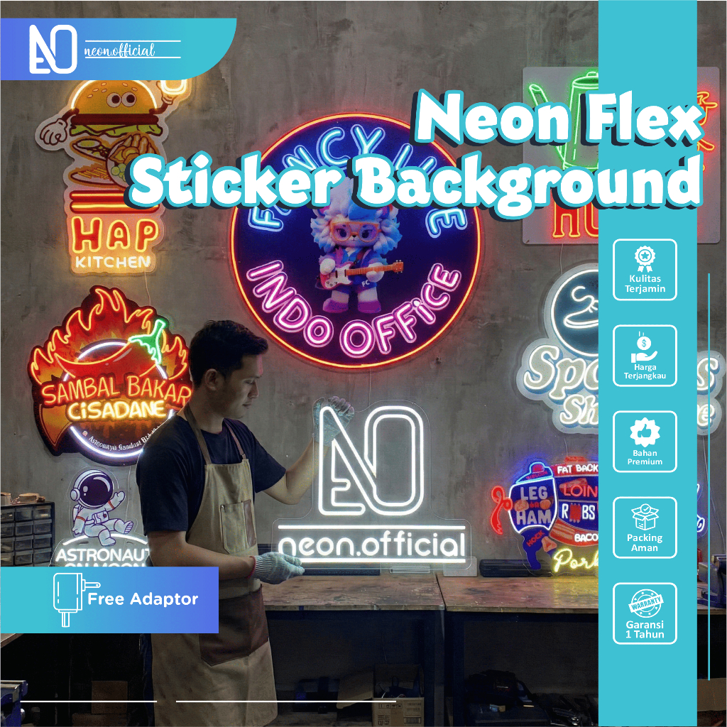 Neon Flex Sticker Background Custom Plang Toko Bentuk Logo Akrilik + Neon LED Nyala Untuk Bisnis
