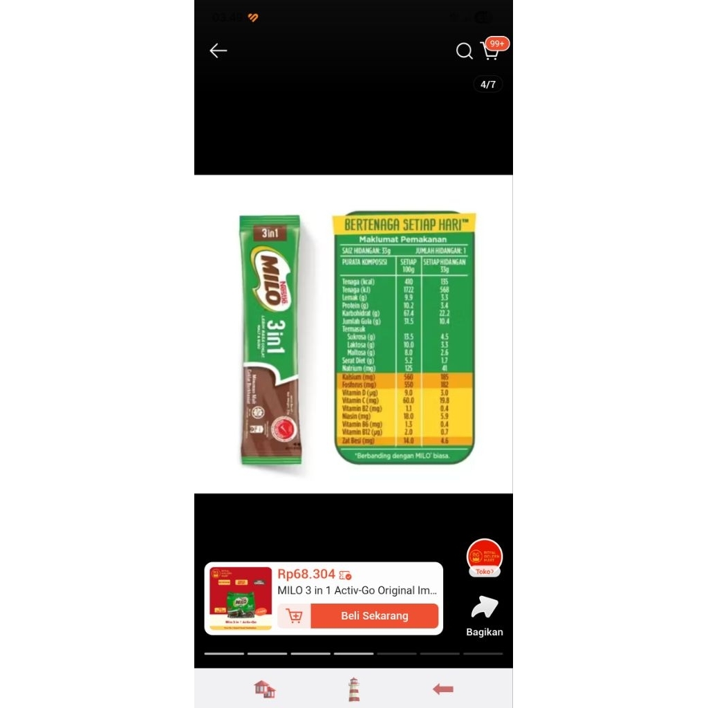 Milo 3 in 1 Malaysia - Minuman Malt Coklat Instan [ECER]