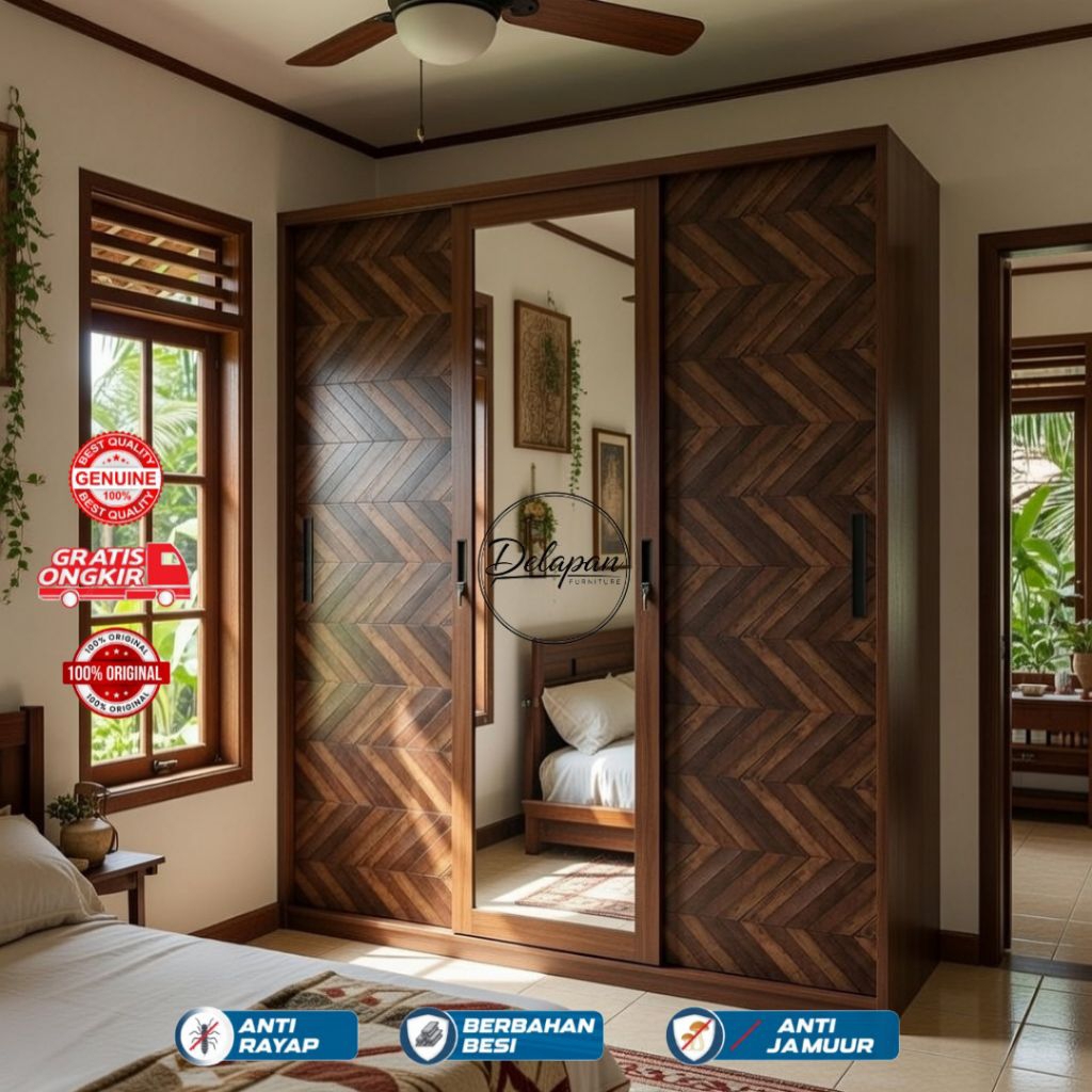 OSWS 3P SEKAYU OLYMSTEEL - Lemari Pakaian Besi 3 Pintu Sliding Motif Kayu & Cermin