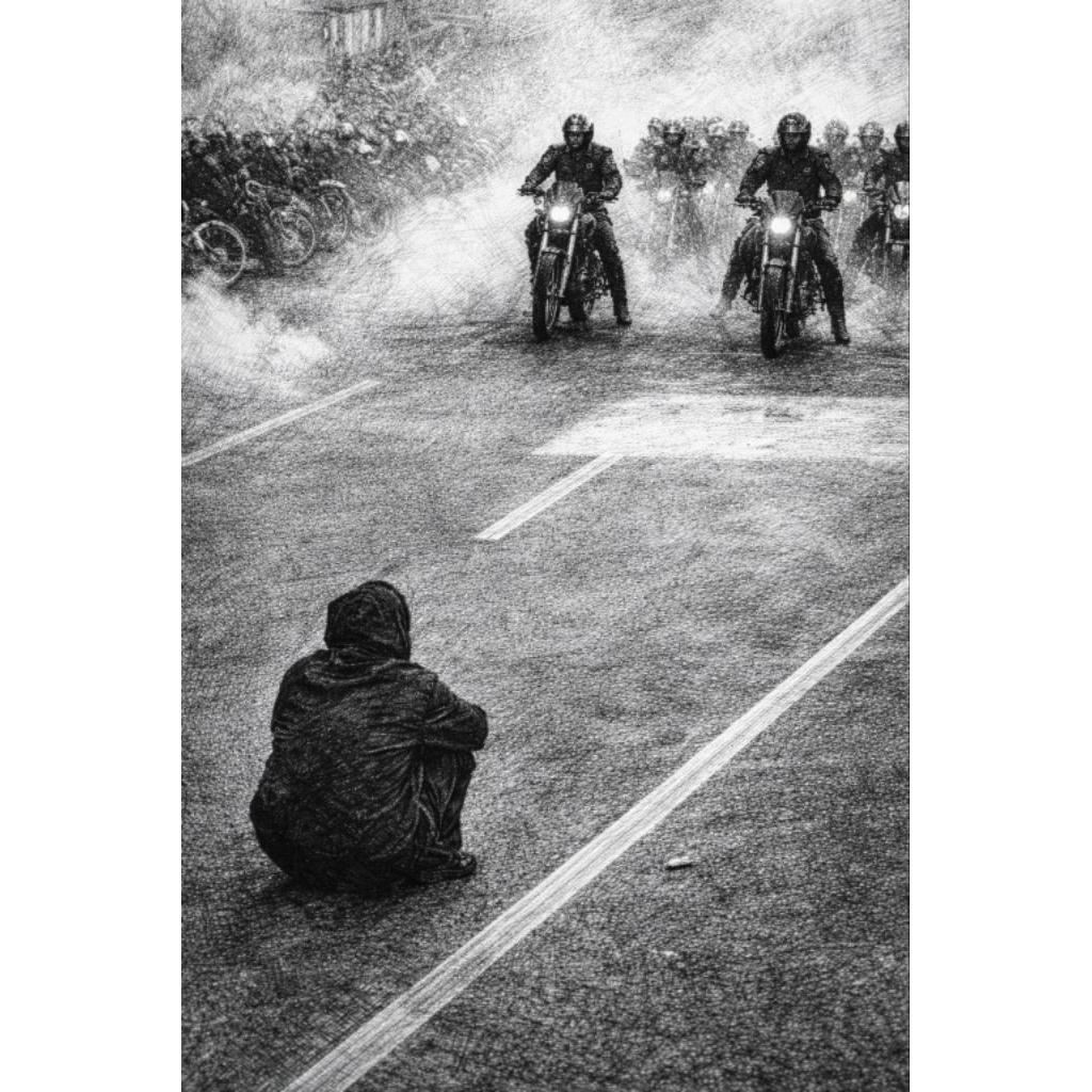 Lukisan kanvas abstrak motor dan anak kecil merenung