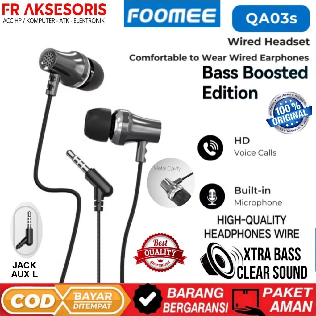 Headset Xtra Bass Foomee QA03s Wired Earphone Bass Boosted Edition Headset Kabel 120cm Headset Gamin