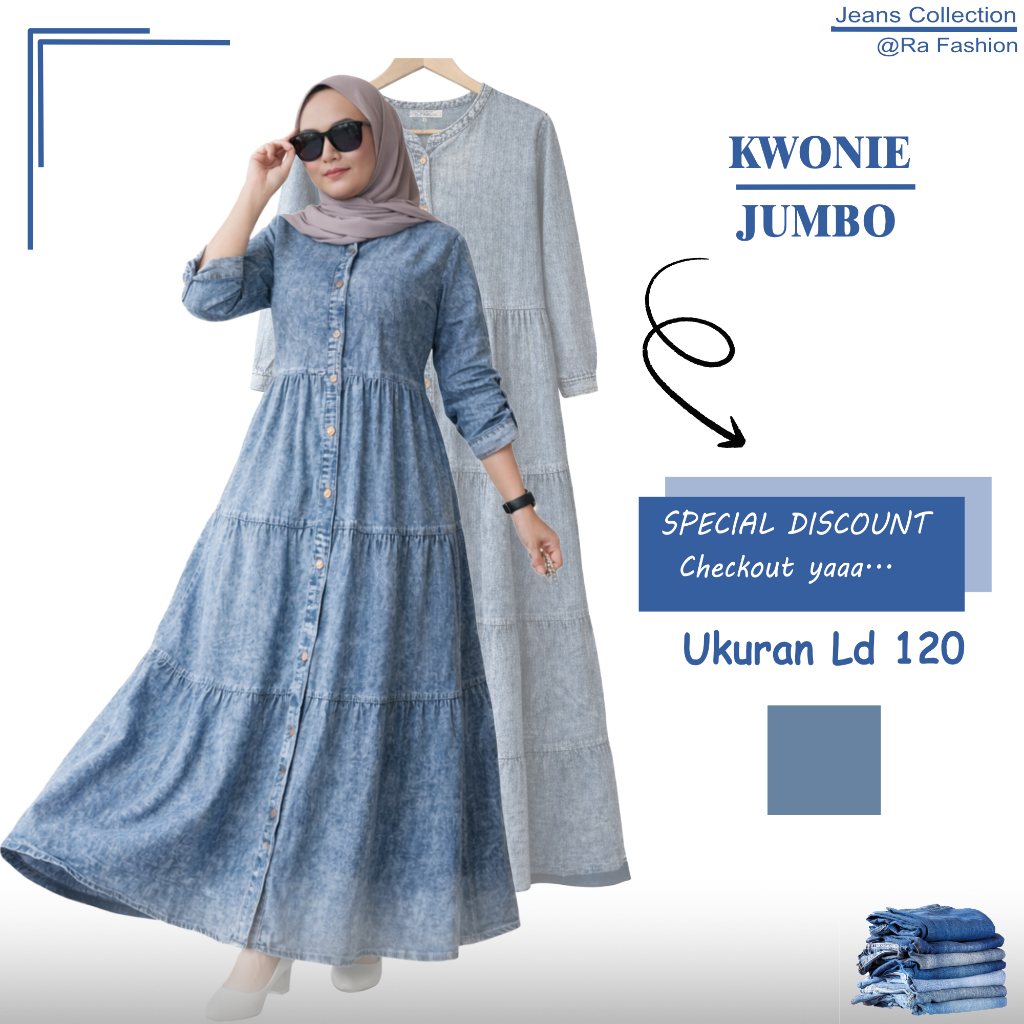 Gamis Wanita Dewasa Jeans Wash Ori LD 120 Jumbo | Maxi Dress Jeans Casual Kancing