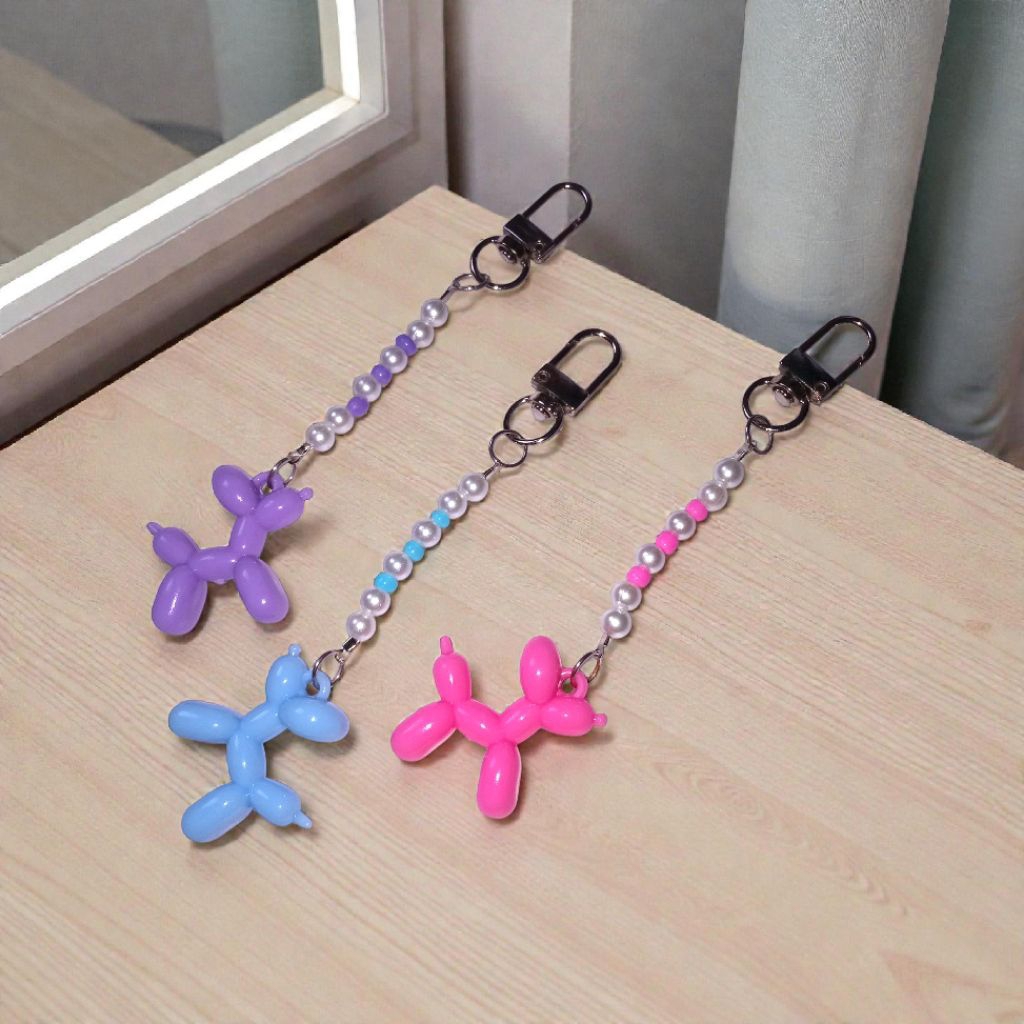 ( Beerrysaa ) Gantungan kunci / tas motif PUPPY BALLOON | Ganci manik cantik mutiara pearl putih war