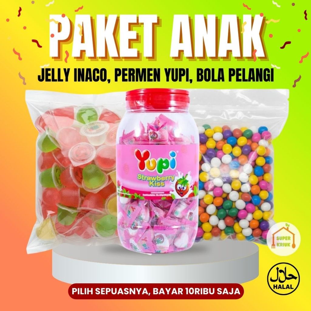 PAKET ANAK Jajanan Permen Yupi Jelly Inaco Bola Pelangi SERBA 10RB