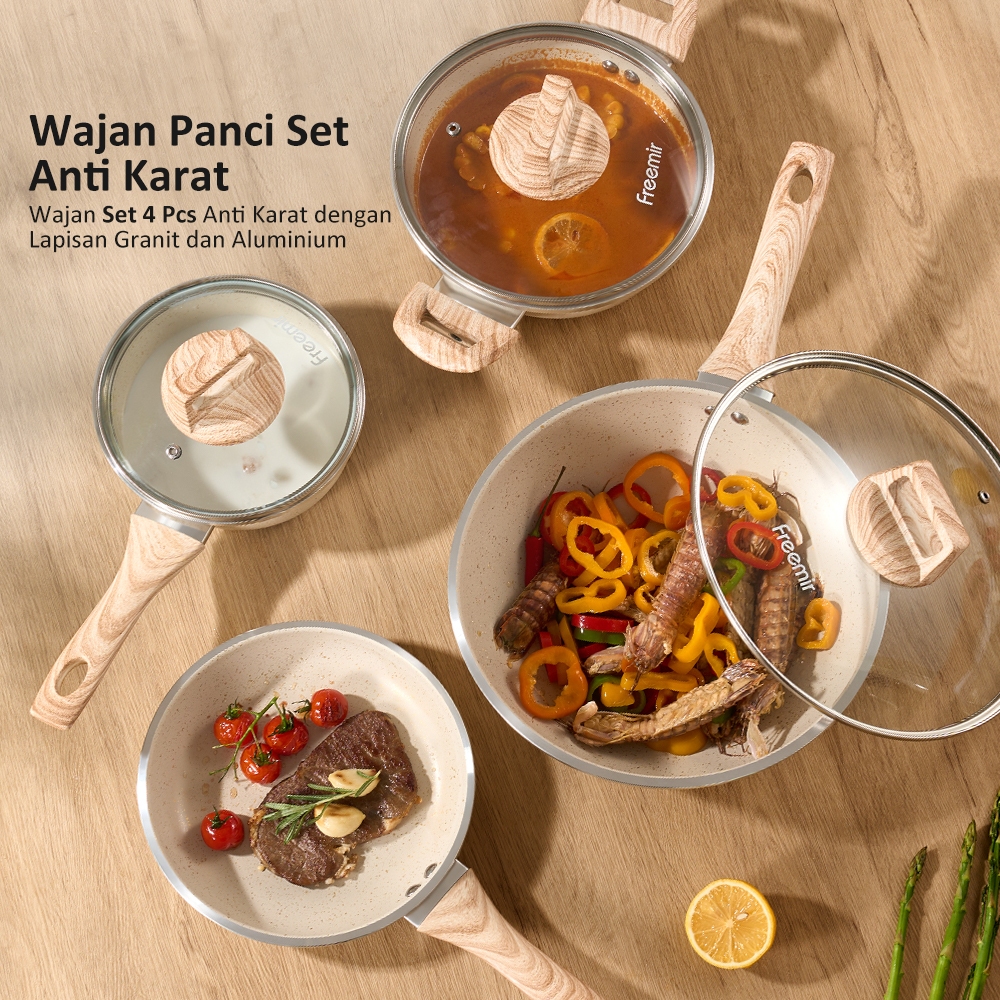 Baru [Set Alat Masak] freemir Set Sultan Teflon Wajan Panci Set Beige Granite Single Bottom