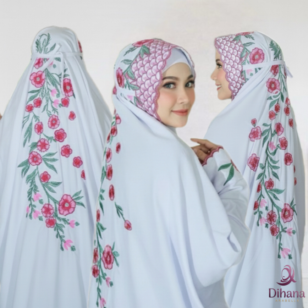 MUKENA DEWASA BORDIR LAJURAN POLINO PUTIH BORDIR DAUN HITAM BUNGA WARNA | MUKENAH TERUSAN/LANGSUNGAN