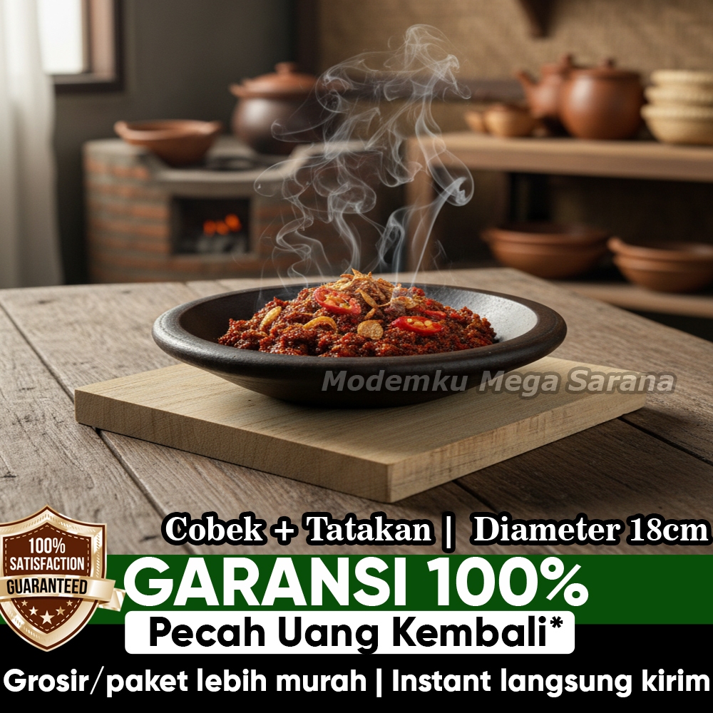 Paket Cobek Bakar Tanah Liat Sambal Gami + Tatakan Kayu Alas - Cobek Tahu Gejrot Tek Tek Super Tebal
