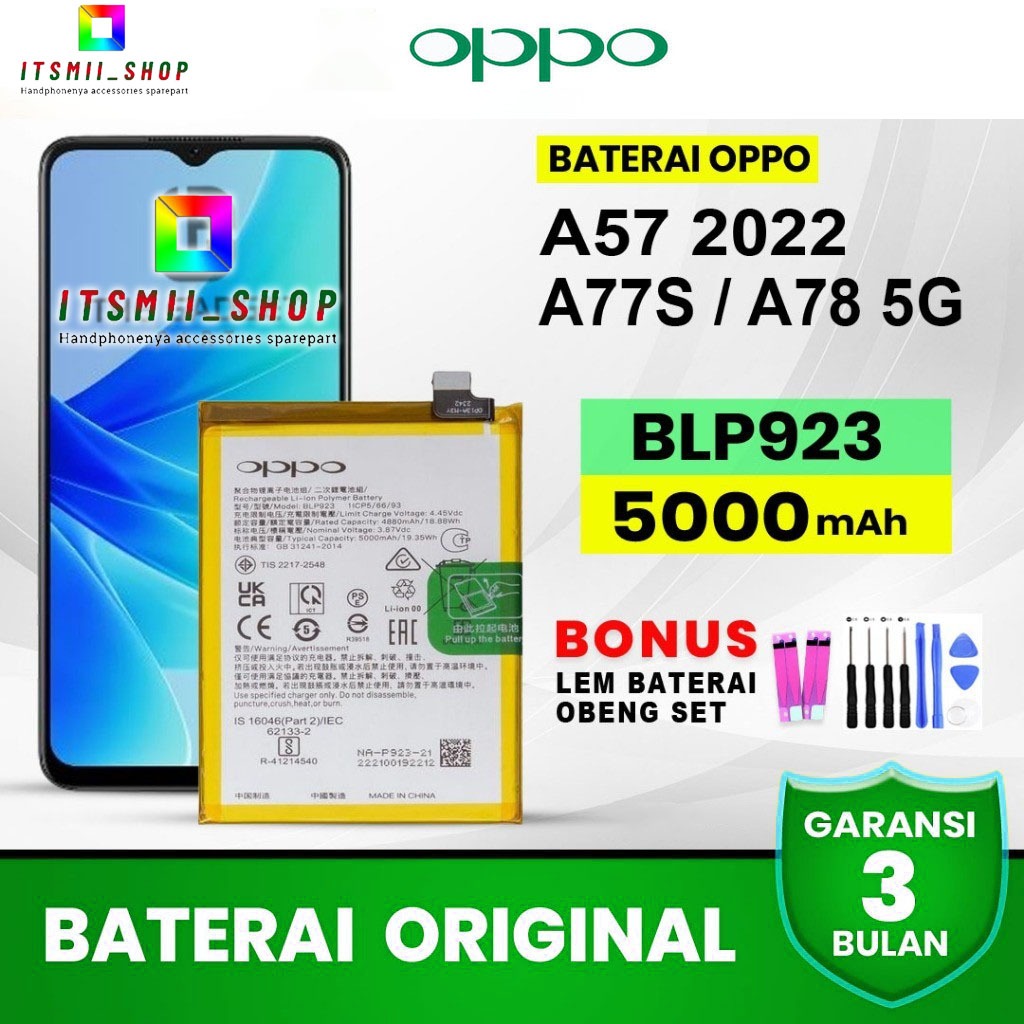 Baterai Batre Oppo A77S 5G / A57 4G 2022 / A57S / A77 5G / A97 5G / A78 5G / Relmi C51 / BLP923 Orig