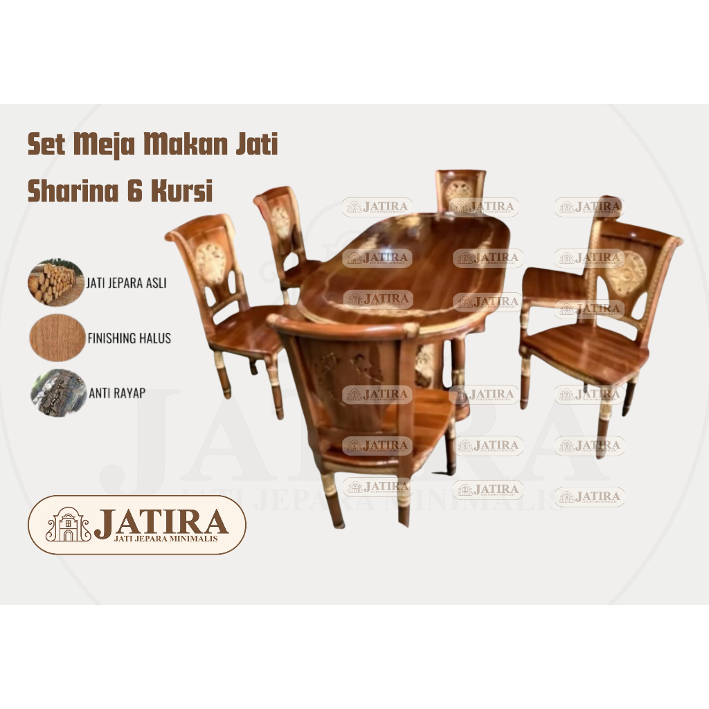 Meja Makan Jati Minimalis Ukir Sharina 6 Kursi | Meja Makan 6 Kursi Jati Jepara Asli Murah Palembang
