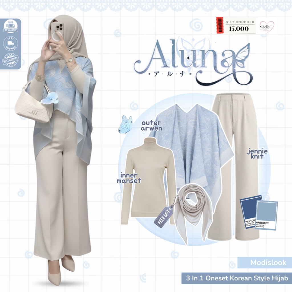 Luna Outfit Blue Style Wanita Elegan ( Bella Square + Manset + Outer + Knit ) One Set Pantai 3in1 - 