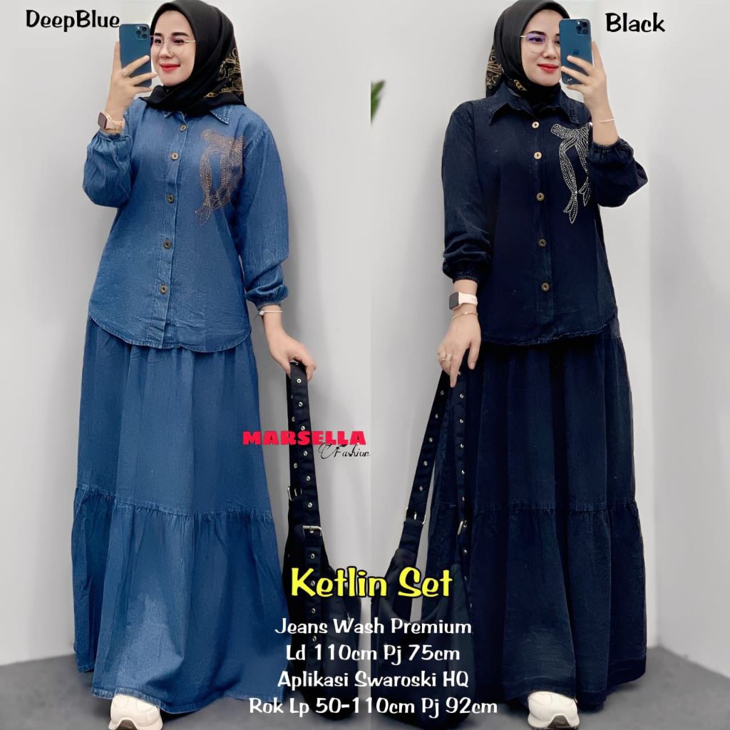 COD Ready Ketlin Set • Setelan Jeans • Jeans Wash Premium • Jeans Set • Kemeja Jeans Wanita • Setela