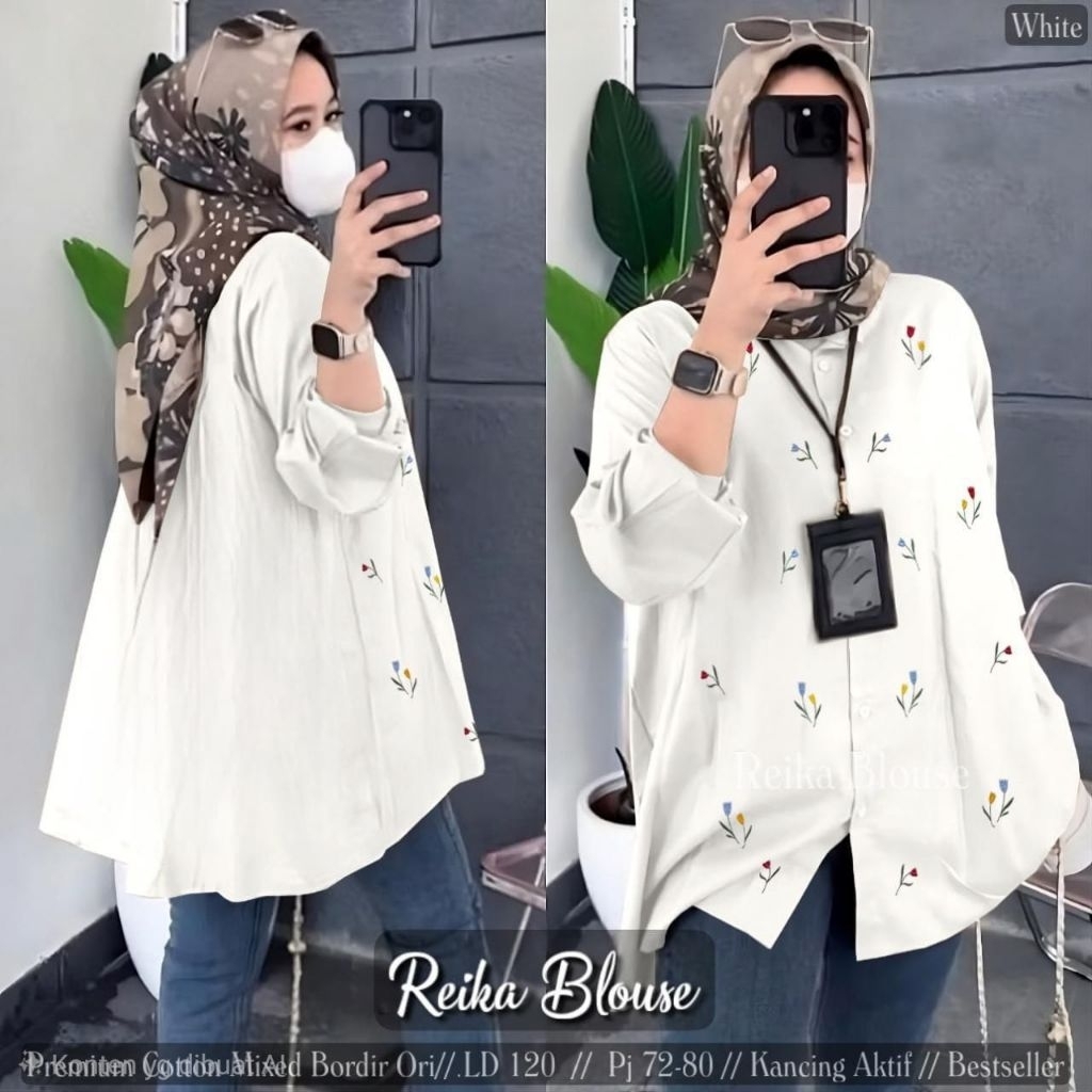 Kemeja Putih Hitam Katun Motif Bordir Bunga Atasan Wanita Cantik Casual Kekinian Premium Reika Shirt
