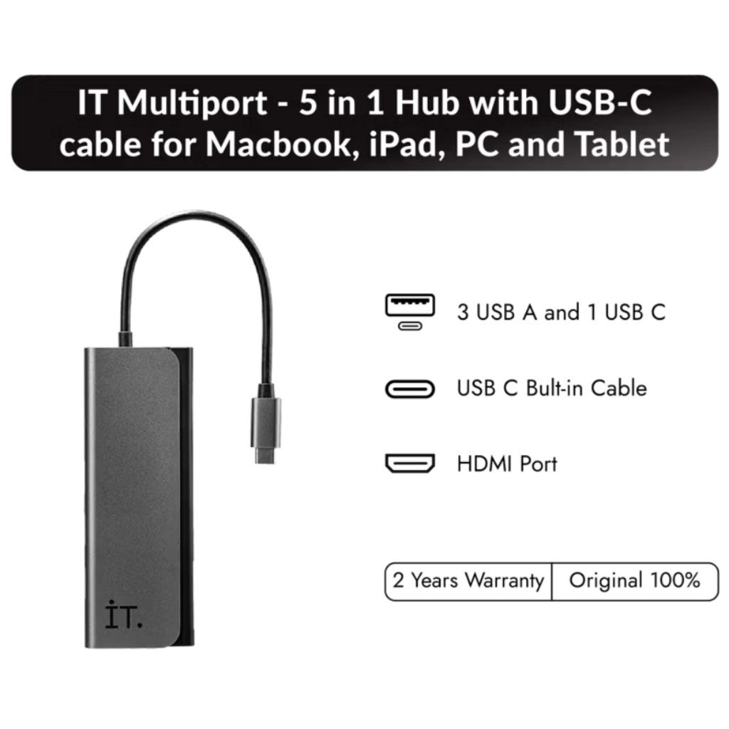 iT Multi Port 5 in 1 Original Hub with USB C Cable Windows Macbook iPad PC Tablet