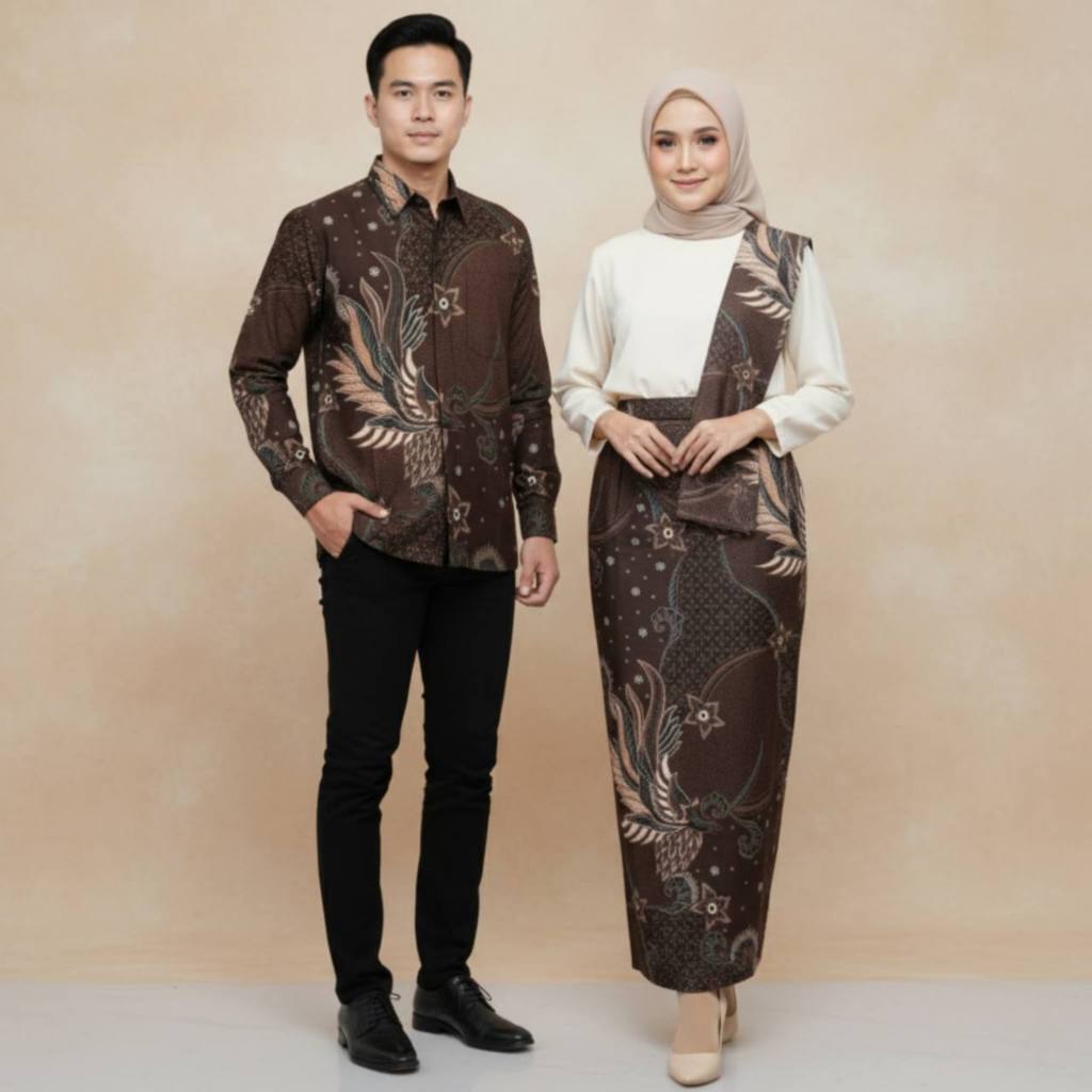 Couple Set Kemeja Batik dan Rok Span Motif Lesmana Coklat Mahogany by Nuansa Batiku