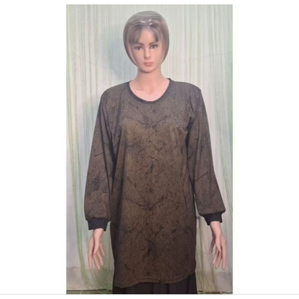 blouse blus wanita jumbo batik coklat lengan panjang