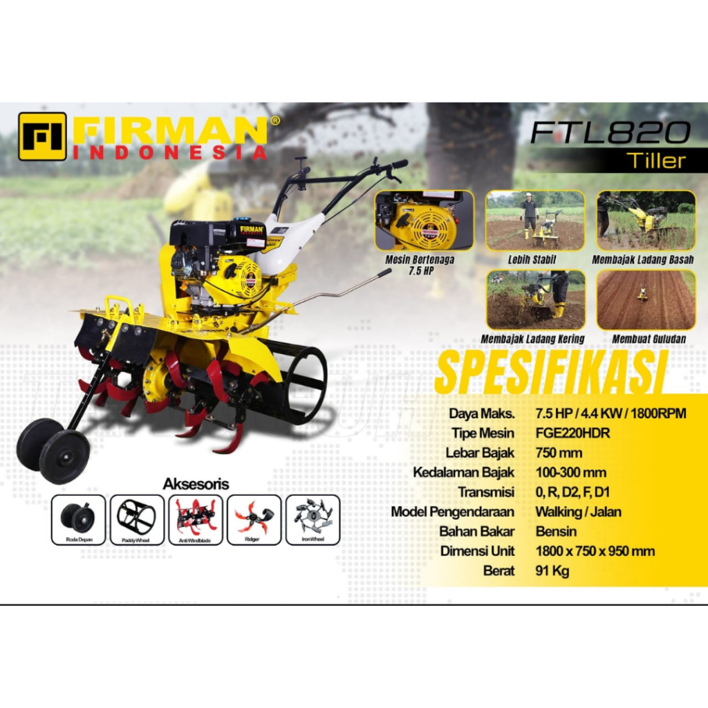 Mesin Bajak Sawah Bensin Cultivator Firman FTL820 - 7.5HP