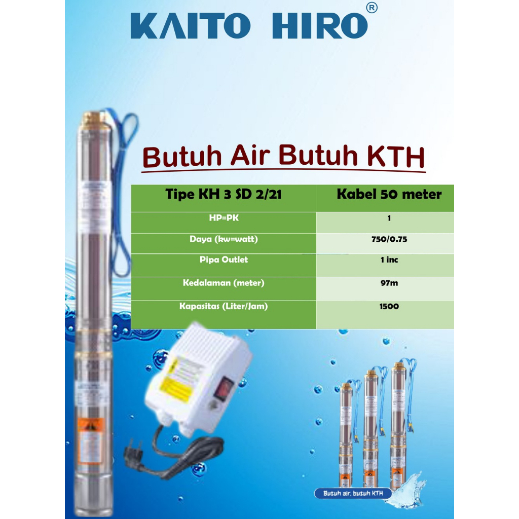 Pompa submersible KH 3 Inc 1 HP Kaito Hiro + 50 Meter