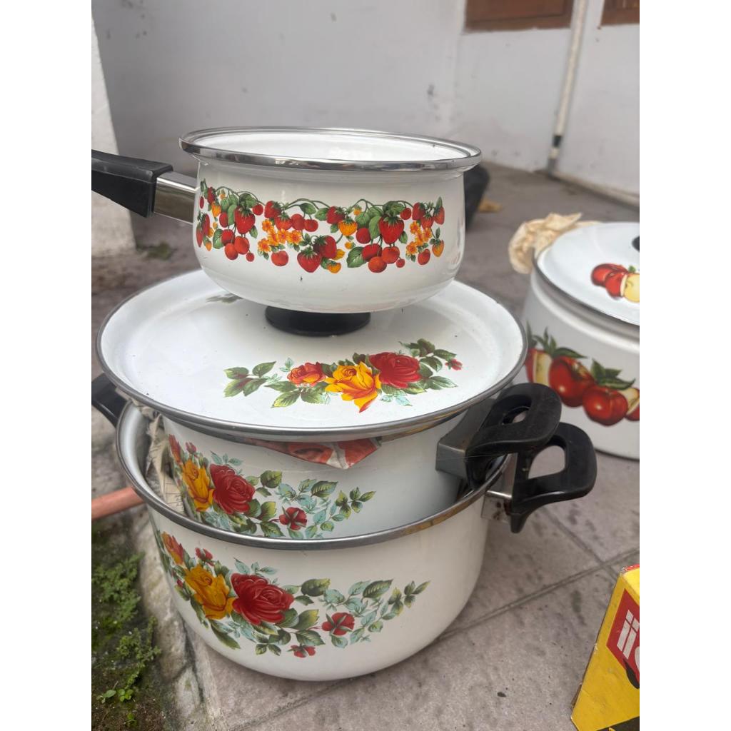 Panci enamel set 3susun motif bunga