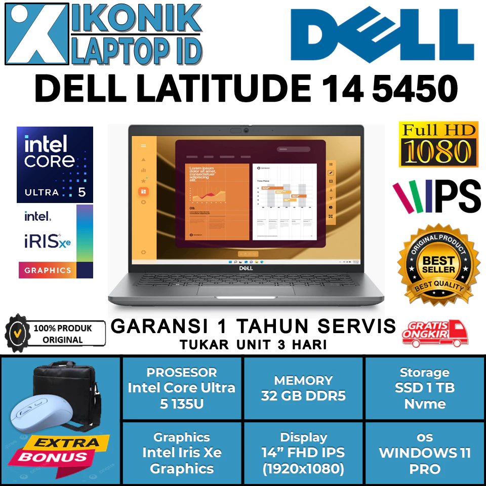Laptop Dell Latitude 14 5450 Intel Ultra 5 135U Ram 32GB  DDR5 SSD 1TB 14.0" Windows 11 Pro