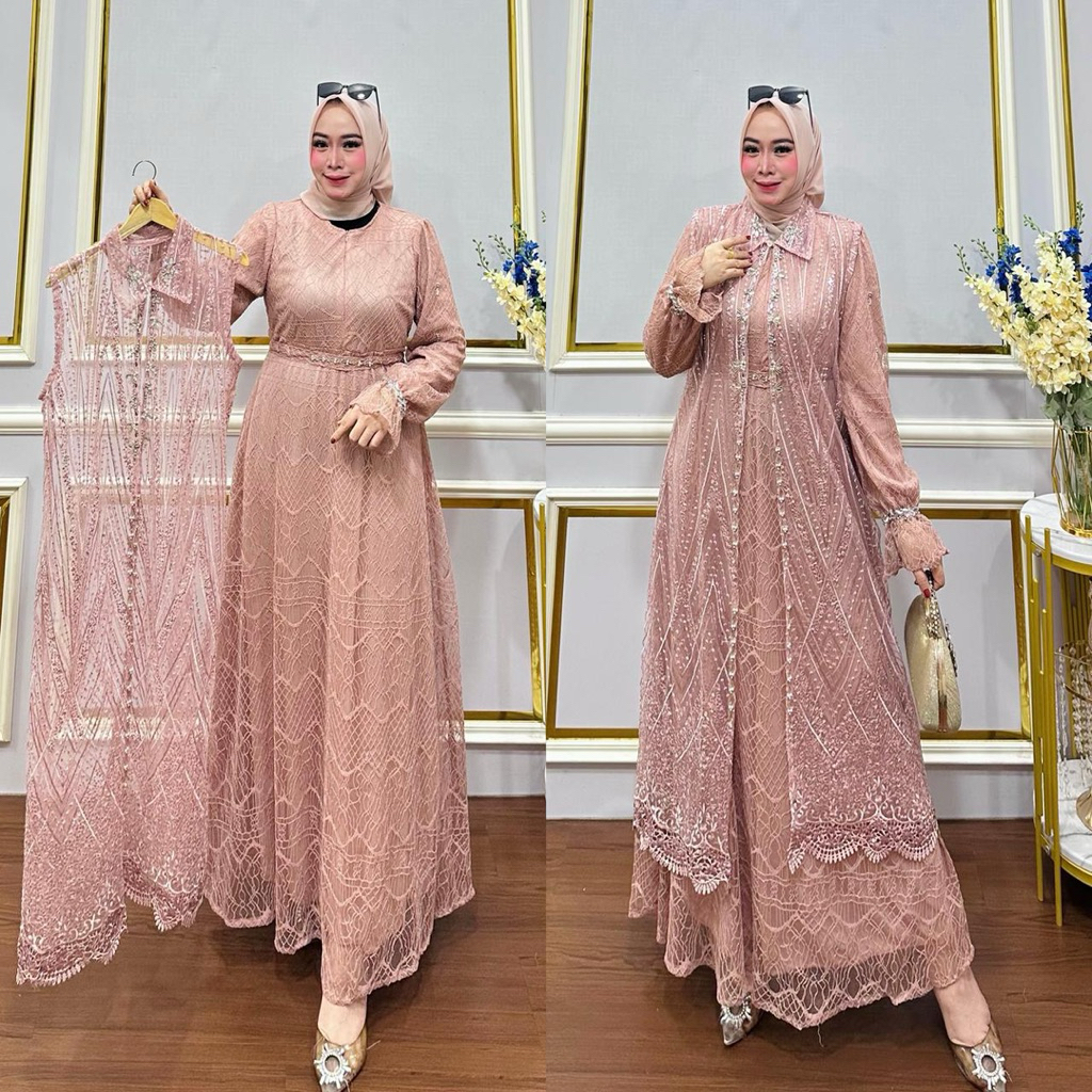 gamis lebaran trend terbaru / gamis brukat busui / gamis brukat kombinasi payet / gaun muslim wanita