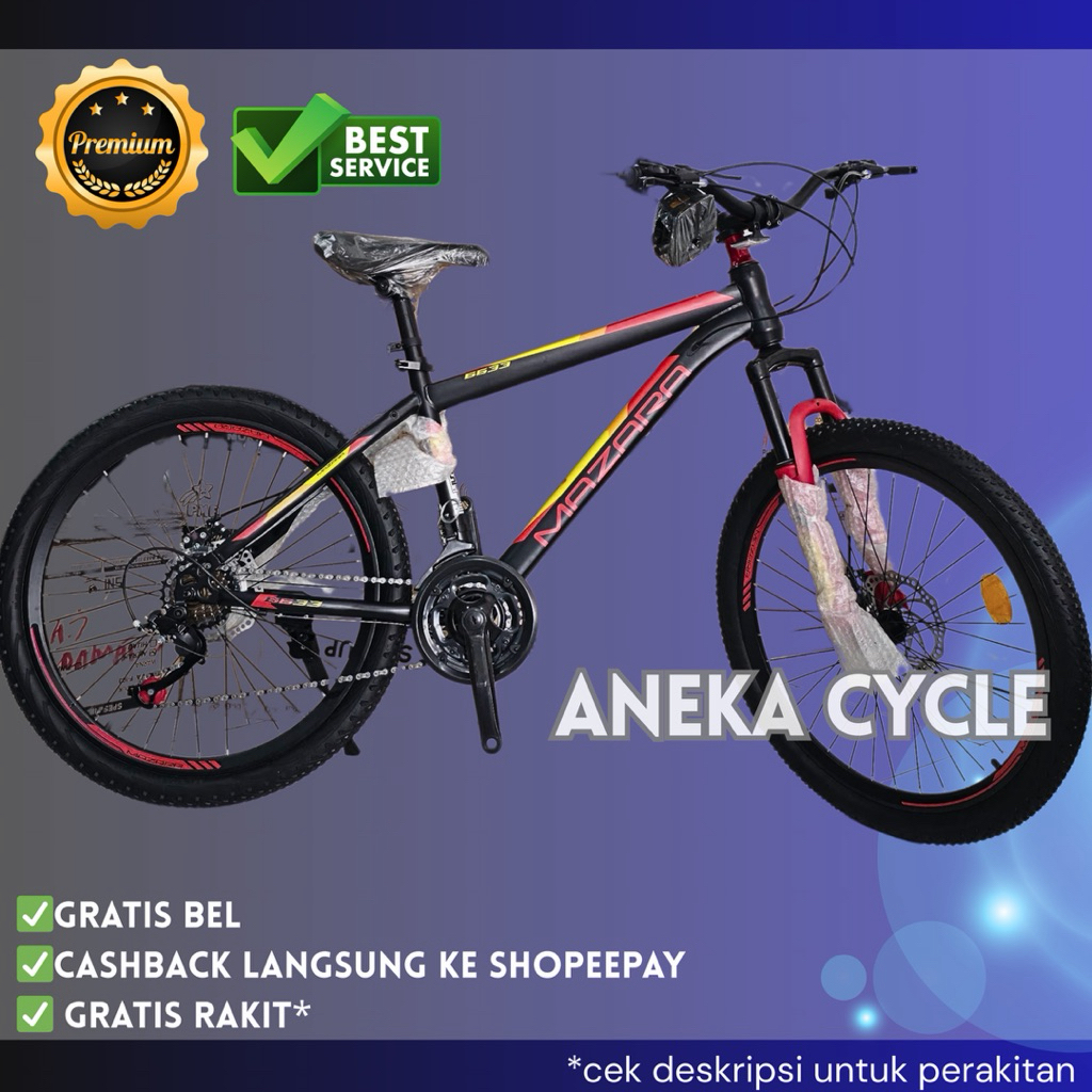 Sepeda Gunung MTB Mazara 24 Inch 6633 Rem Double Cakram Speed 7x3 Frame Besi