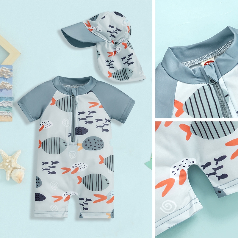 Pakaian renang anak laki-laki lengan pendek pakaian renang ritsleting depan pakaian mandi + topi